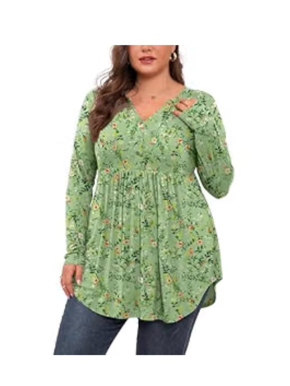 Plus Size Green Floral V-Neck Long Sleeve Tunic Top